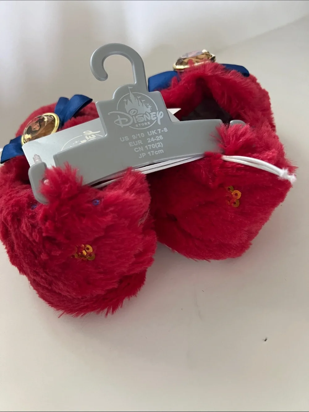 Disney Red Plush Girls Slippers with Blue Bow and Gold Accent